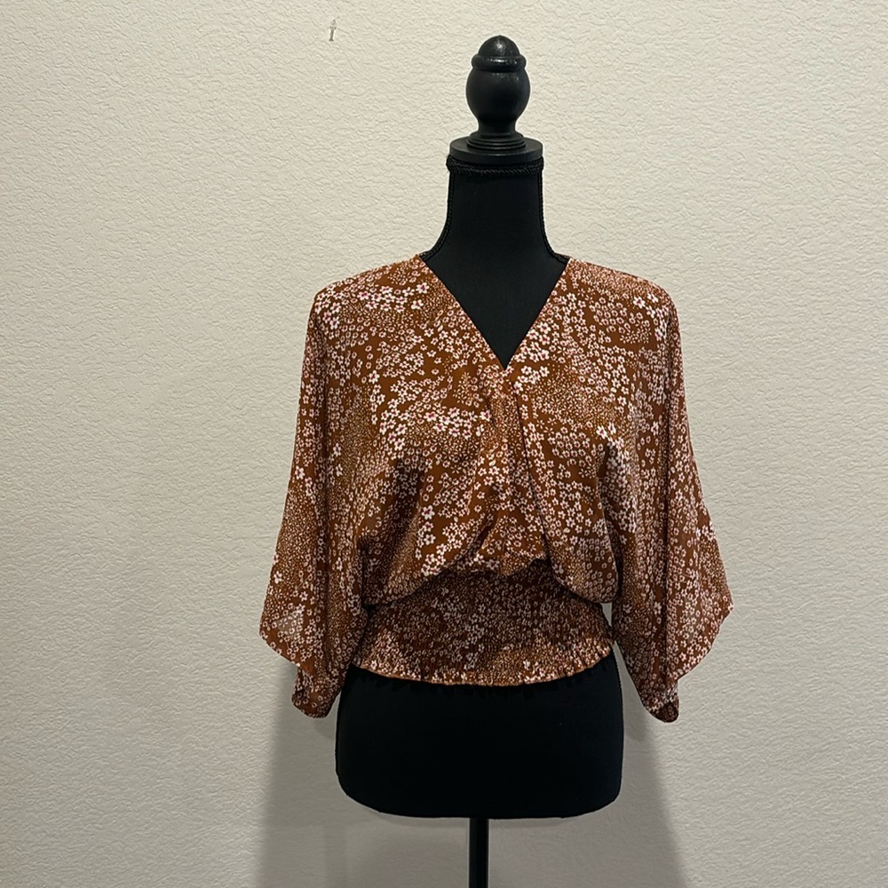 Lulus Promises Kept Brown Floral Print Sheer Smocked Top.